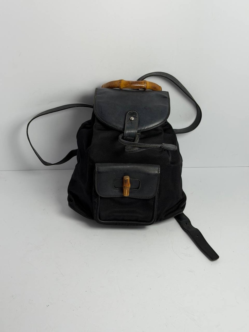 Vintage 90s Gucci Bamboo Black Leather/Nylon Mini Backpack